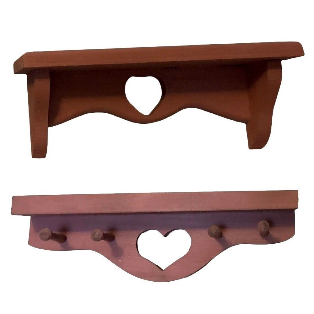 Vintage Wooden Wall Shelf Peg Rack Set of 2 Heart Cutout Scalloped Apron Country